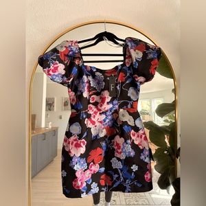 New Lulu's S Mini Cocktail Floral Jacquard Dress w/ Trendy Puff Sleeves